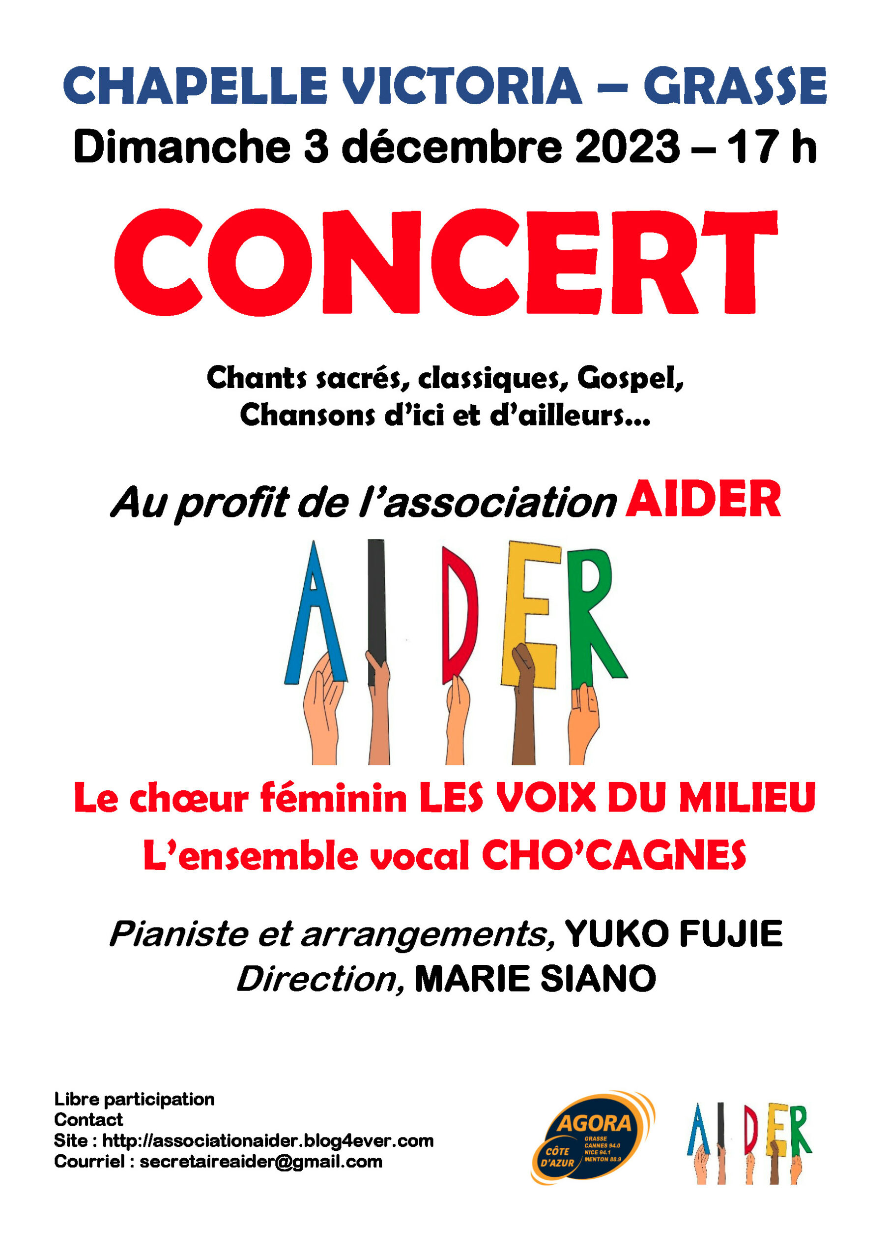Affiche du concert au profit de l'association AIDER - Le choeur féminin LES VOIX DU MILIEU et l'ensemble vocal CHO'CAGNES