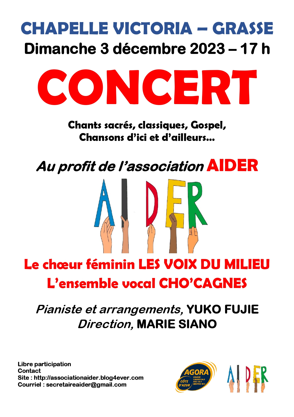 Affiche du concert du 3 décembre 2023 à la Chapelle Victoria, au profit de l'association AIDER Le choeur féminin les voix du milieur et l'ensemble vocal Cho'cagnes
