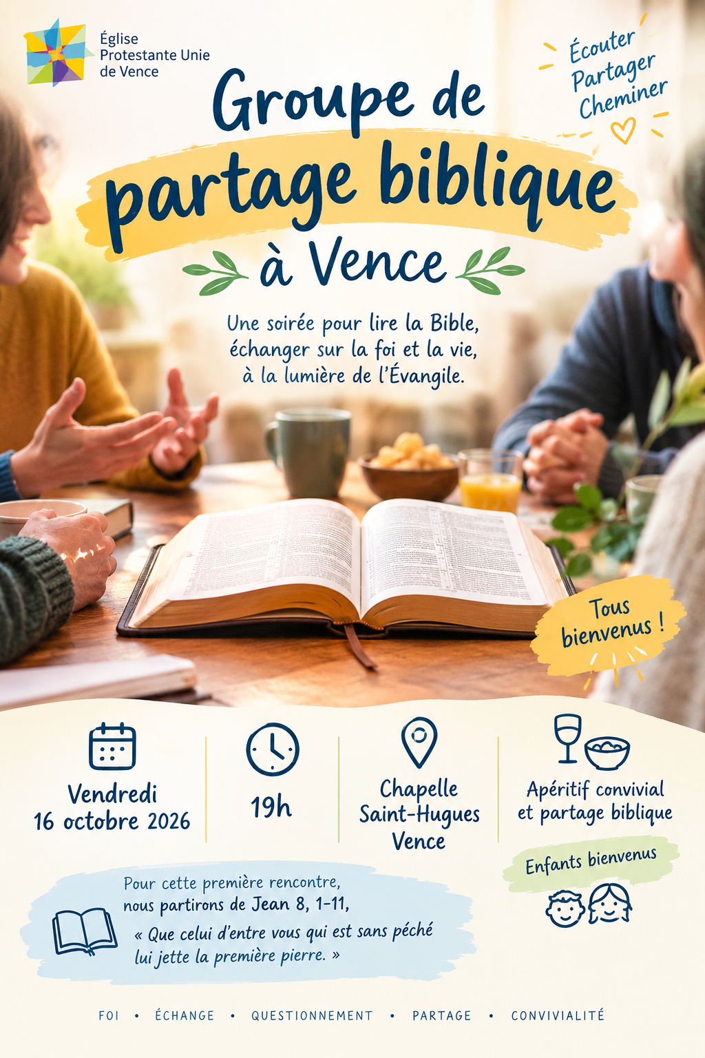 Affiche du groupe de partage biblique de l’Église protestante unie de Vence, le vendredi 16 octobre 2026 à 19h, autour de la Bible et de l’Évangile.